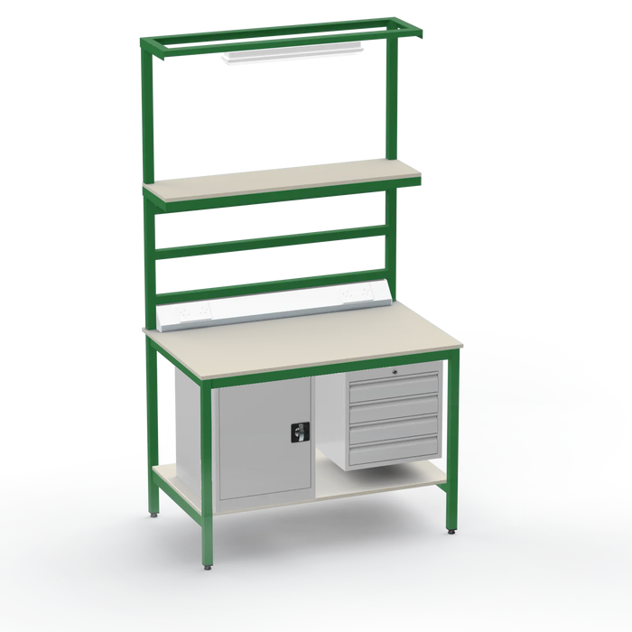 Electronics ESD Workbench | Anti-Static Worktop | Cupboard & 4 Drawers | Upper & Lower Shelves | Lighting Rail & Electrical