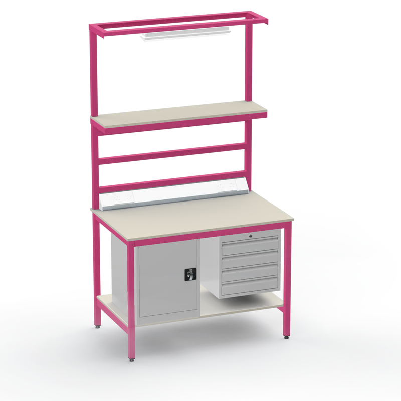 Electronics ESD Workbench | Anti-Static Worktop | Cupboard & 4 Drawers | Upper & Lower Shelves | Lighting Rail & Electrical