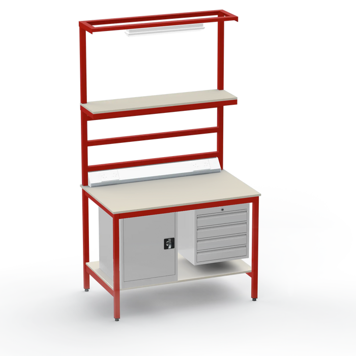 Electronics ESD Workbench | Anti-Static Worktop | Cupboard & 4 Drawers | Upper & Lower Shelves | Lighting Rail & Electrical