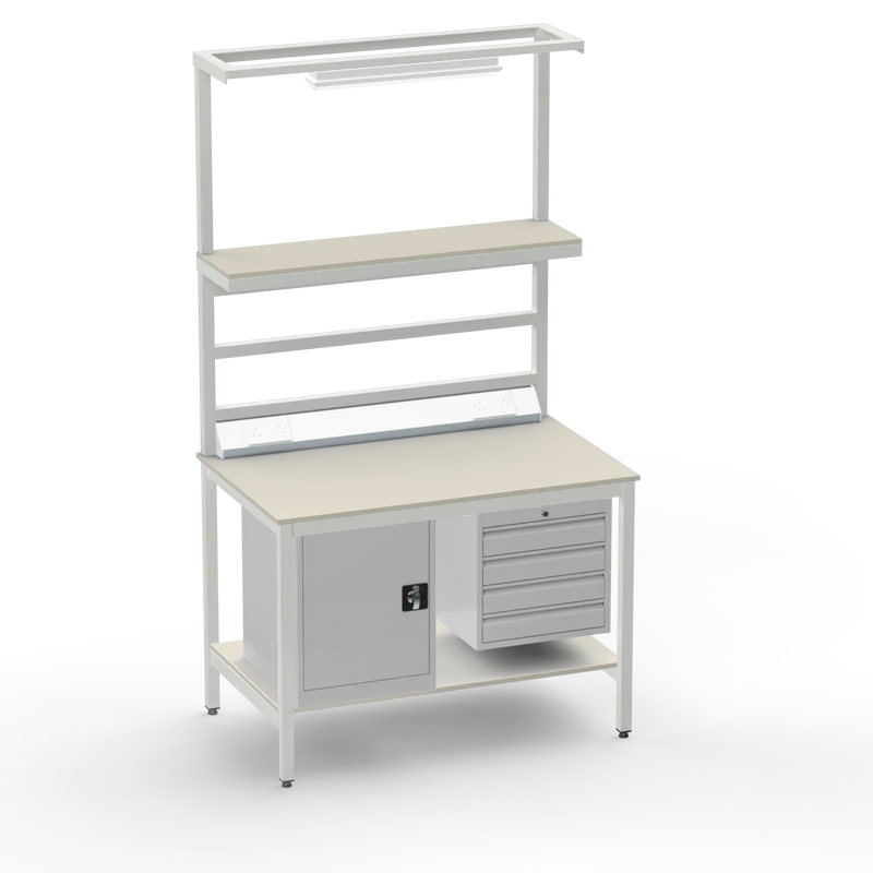 Electronics ESD Workbench | Anti-Static Worktop | Cupboard & 4 Drawers | Upper & Lower Shelves | Lighting Rail & Electrical