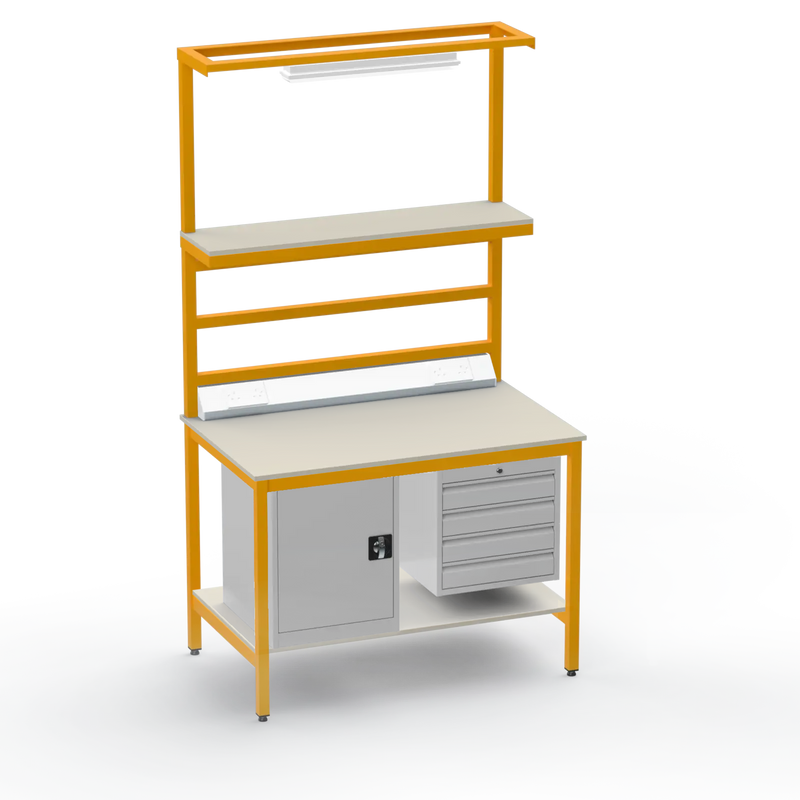 Electronics ESD Workbench | Anti-Static Worktop | Cupboard & 4 Drawers | Upper & Lower Shelves | Lighting Rail & Electrical