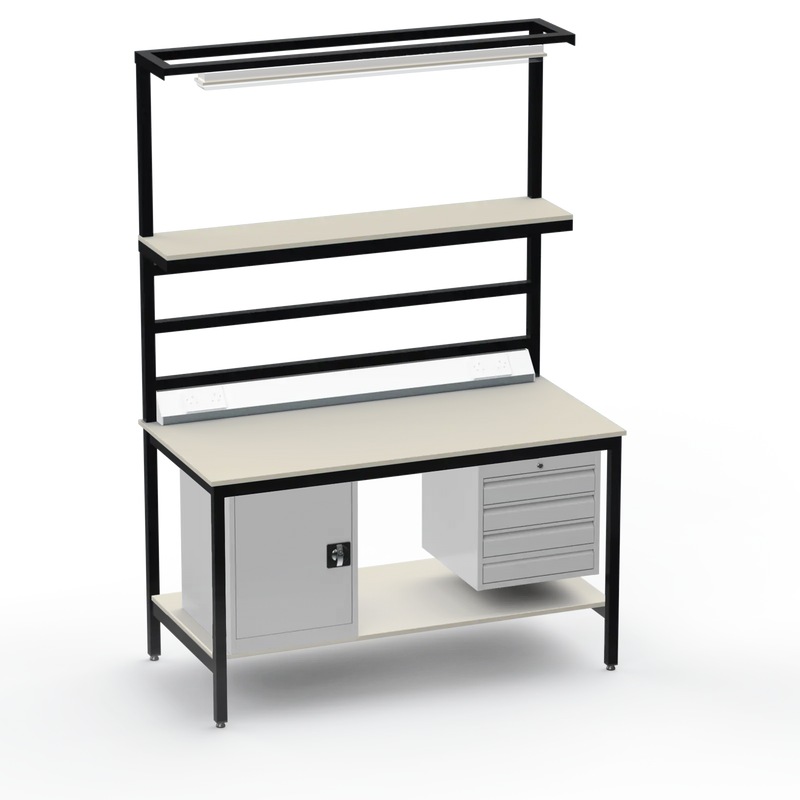Electronics ESD Workbench | Anti-Static Worktop | Cupboard & 4 Drawers | Upper & Lower Shelves | Lighting Rail & Electrical