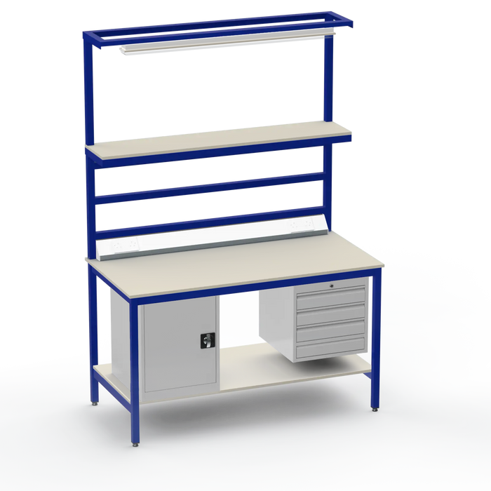 Electronics ESD Workbench | Anti-Static Worktop | Cupboard & 4 Drawers | Upper & Lower Shelves | Lighting Rail & Electrical
