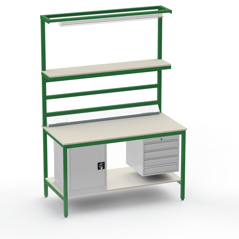 Electronics ESD Workbench | Anti-Static Worktop | Cupboard & 4 Drawers | Upper & Lower Shelves | Lighting Rail & Electrical
