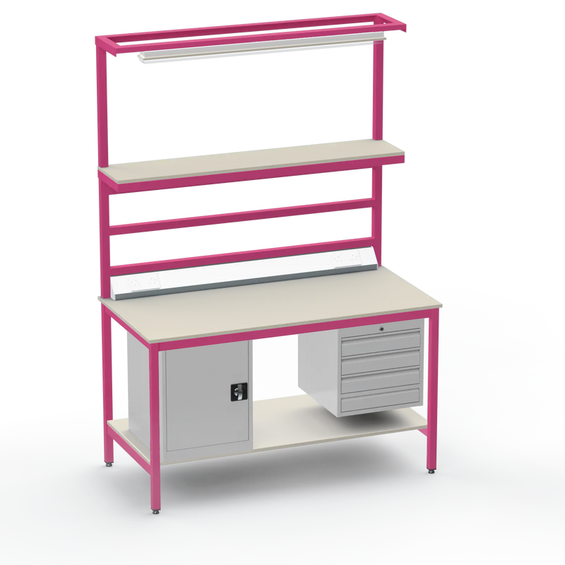 Electronics ESD Workbench | Anti-Static Worktop | Cupboard & 4 Drawers | Upper & Lower Shelves | Lighting Rail & Electrical