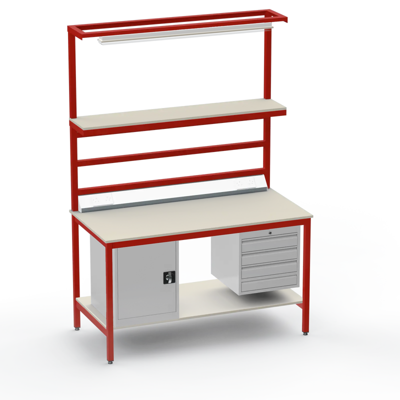 Electronics ESD Workbench | Anti-Static Worktop | Cupboard & 4 Drawers | Upper & Lower Shelves | Lighting Rail & Electrical
