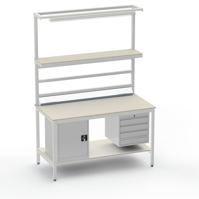 Electronics ESD Workbench | Anti-Static Worktop | Cupboard & 4 Drawers | Upper & Lower Shelves | Lighting Rail & Electrical