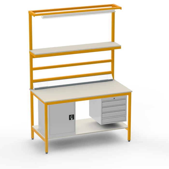 Electronics ESD Workbench | Anti-Static Worktop | Cupboard & 4 Drawers | Upper & Lower Shelves | Lighting Rail & Electrical