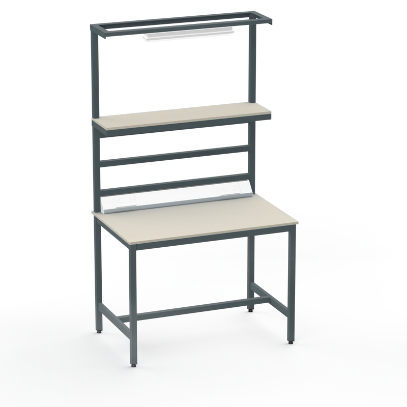 Electronics ESD Workbench | Anti-Static Worktop | Upper Shelf, Lighting Rail, Light Fitting & Worktop Electrical