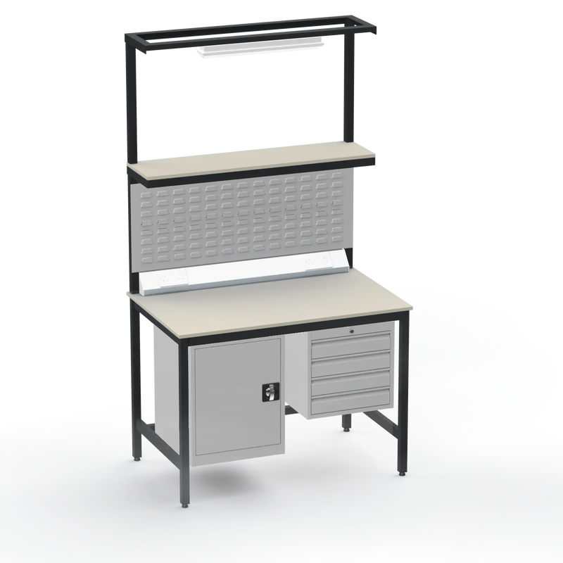 Electronics ESD Workbench | Anti-Static Worktop | Cupboard & 4 Drawers | Upper Shelf | Lighting Rail