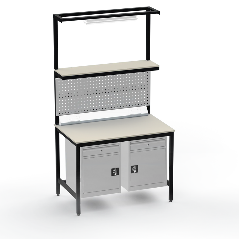 Electronics ESD Workbench | Anti-Static Worktop | Twin Cupboards With Drawer | Upper Shelf & Tool Panel | Electrical & Lighting