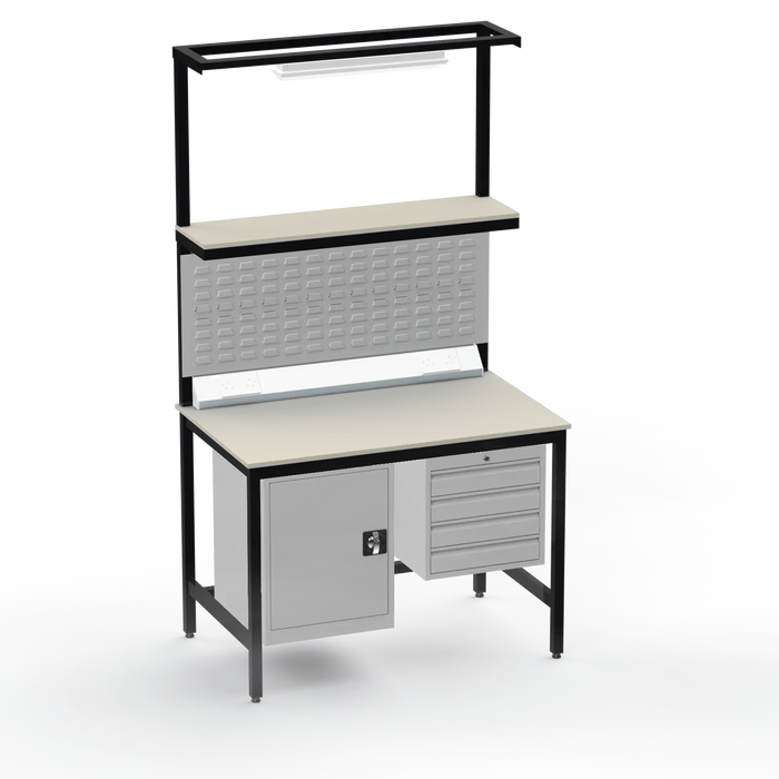 Electronics ESD Workbench | Anti-Static Worktop | Cupboard & 4 Drawers | Upper Shelf | Lighting Rail