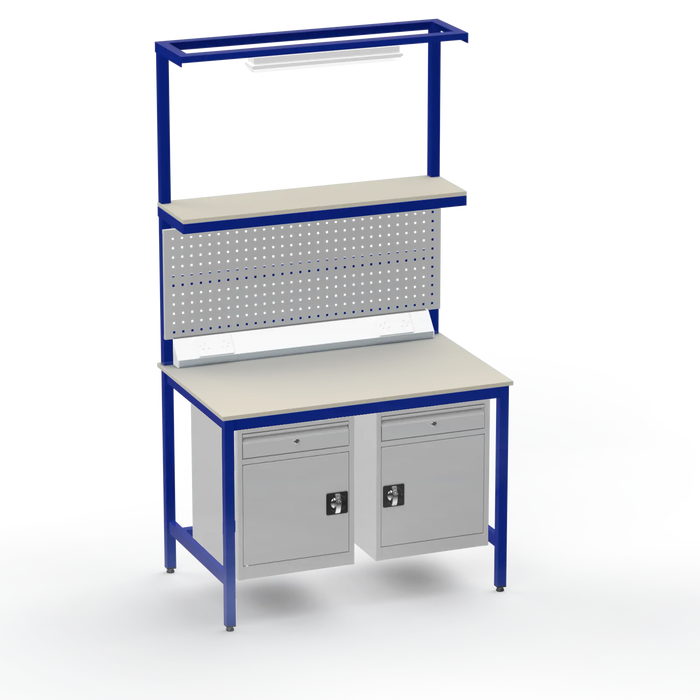 Electronics ESD Workbench | Anti-Static Worktop | Twin Cupboards With Drawer | Upper Shelf & Tool Panel | Electrical & Lighting