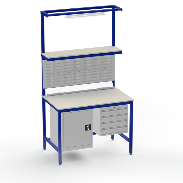 Electronics ESD Workbench | Anti-Static Worktop | Cupboard & 4 Drawers | Upper Shelf | Lighting Rail