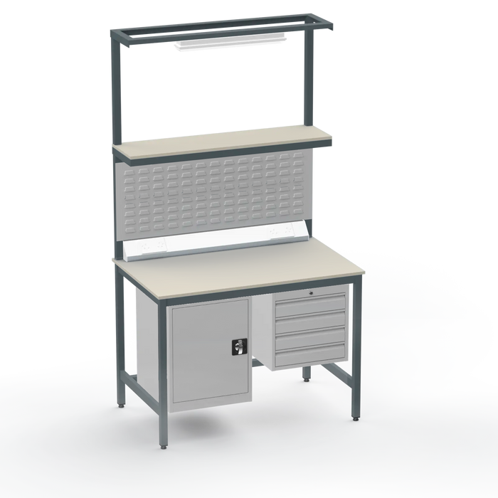 Electronics ESD Workbench | Anti-Static Worktop | Cupboard & 4 Drawers | Upper Shelf | Lighting Rail
