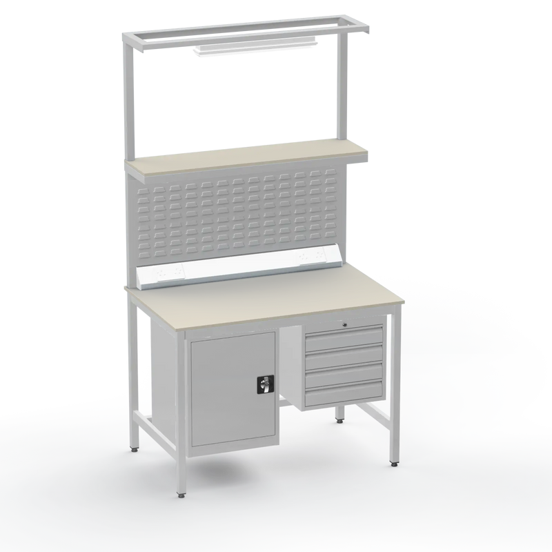 Electronics ESD Workbench | Anti-Static Worktop | Cupboard & 4 Drawers | Upper Shelf | Lighting Rail