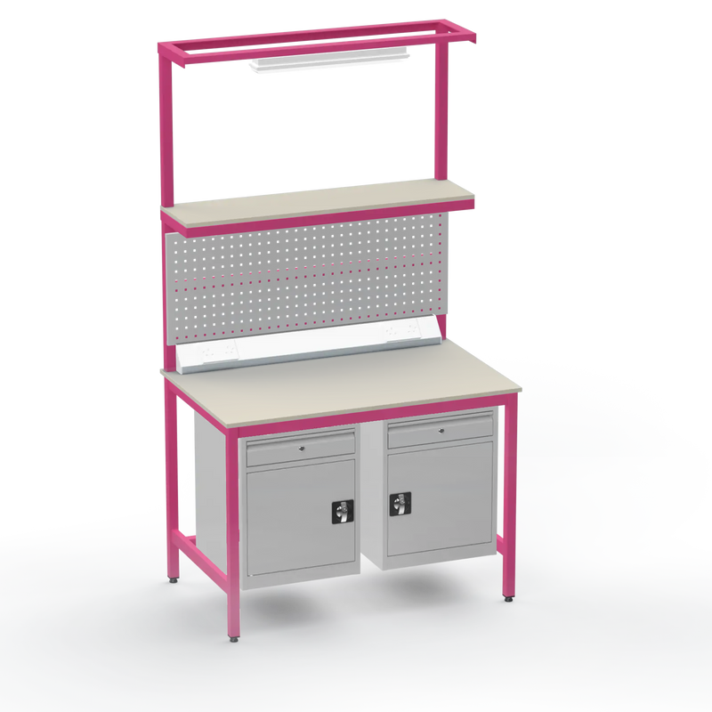 Electronics ESD Workbench | Anti-Static Worktop | Twin Cupboards With Drawer | Upper Shelf & Tool Panel | Electrical & Lighting