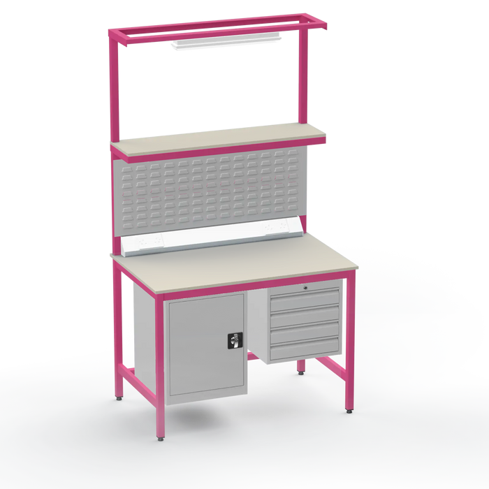 Electronics ESD Workbench | Anti-Static Worktop | Cupboard & 4 Drawers | Upper Shelf | Lighting Rail