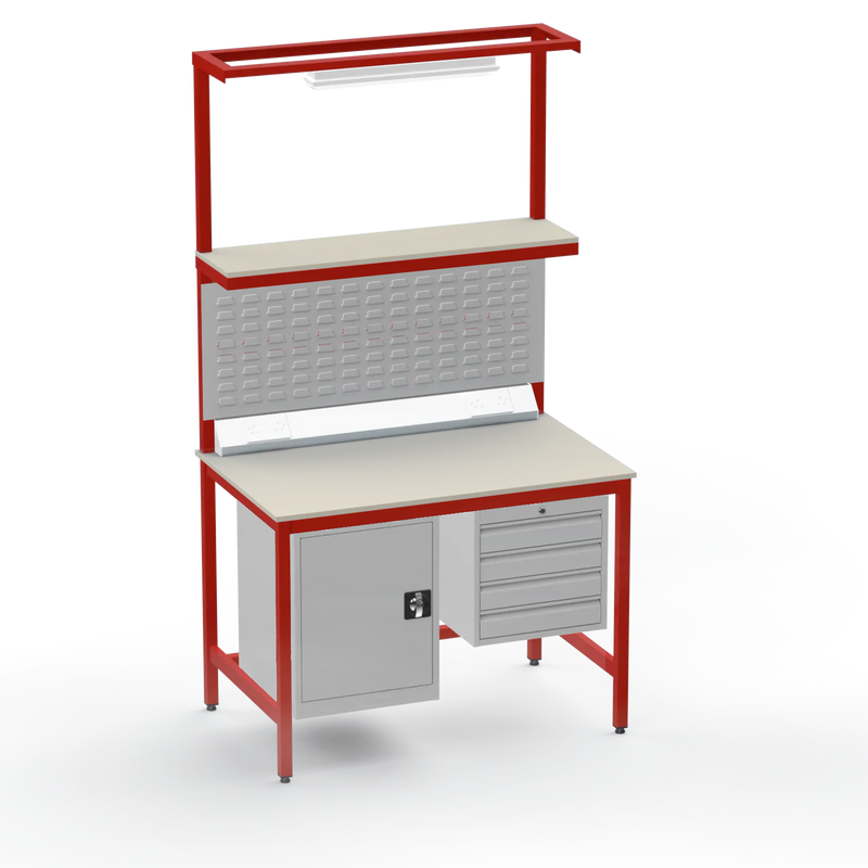 Electronics ESD Workbench | Anti-Static Worktop | Cupboard & 4 Drawers | Upper Shelf | Lighting Rail
