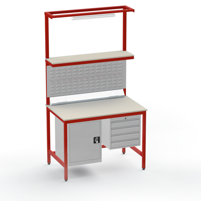 Electronics ESD Workbench | Anti-Static Worktop | Cupboard & 4 Drawers | Upper Shelf | Lighting Rail