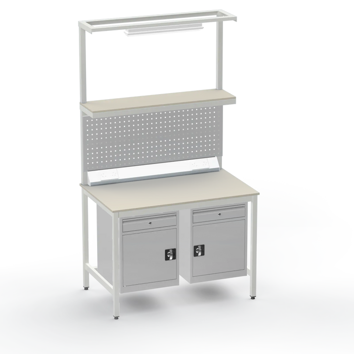 Electronics ESD Workbench | Anti-Static Worktop | Twin Cupboards With Drawer | Upper Shelf & Tool Panel | Electrical & Lighting