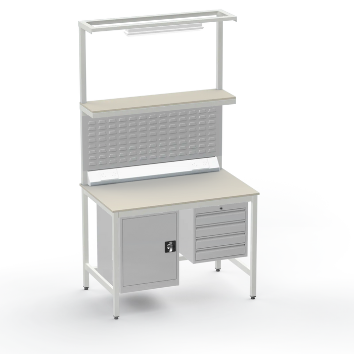 Electronics ESD Workbench | Anti-Static Worktop | Cupboard & 4 Drawers | Upper Shelf | Lighting Rail