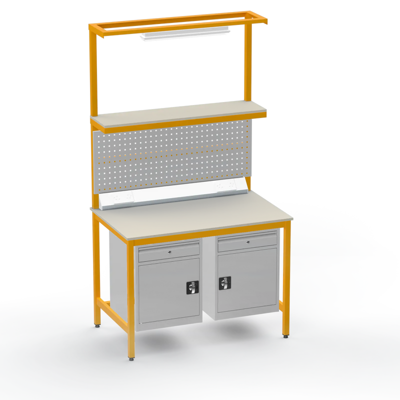 Electronics ESD Workbench | Anti-Static Worktop | Twin Cupboards With Drawer | Upper Shelf & Tool Panel | Electrical & Lighting