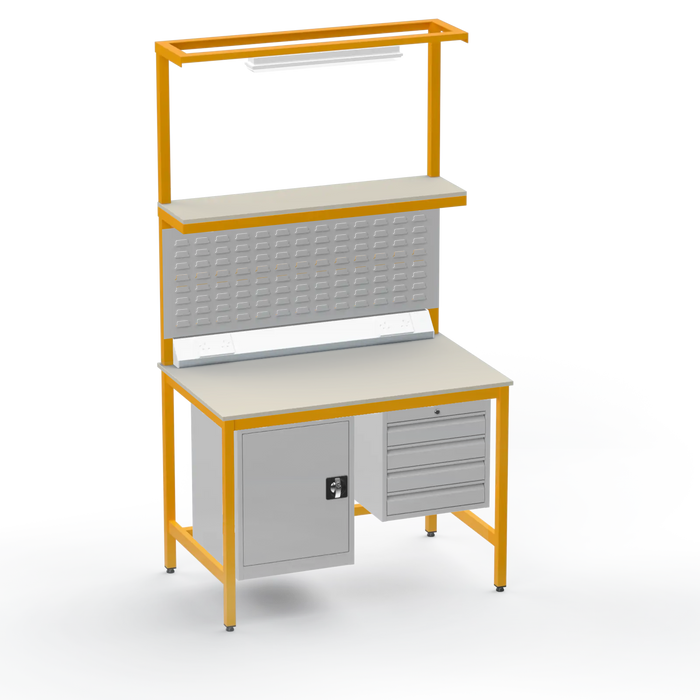 Electronics ESD Workbench | Anti-Static Worktop | Cupboard & 4 Drawers | Upper Shelf | Lighting Rail