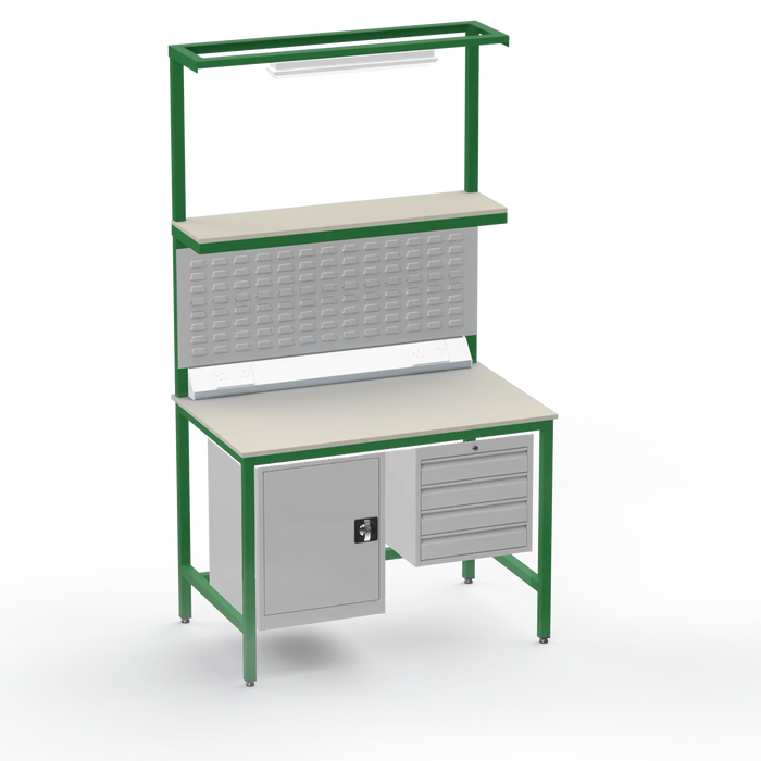 Electronics ESD Workbench | Anti-Static Worktop | Cupboard & 4 Drawers | Upper Shelf | Lighting Rail