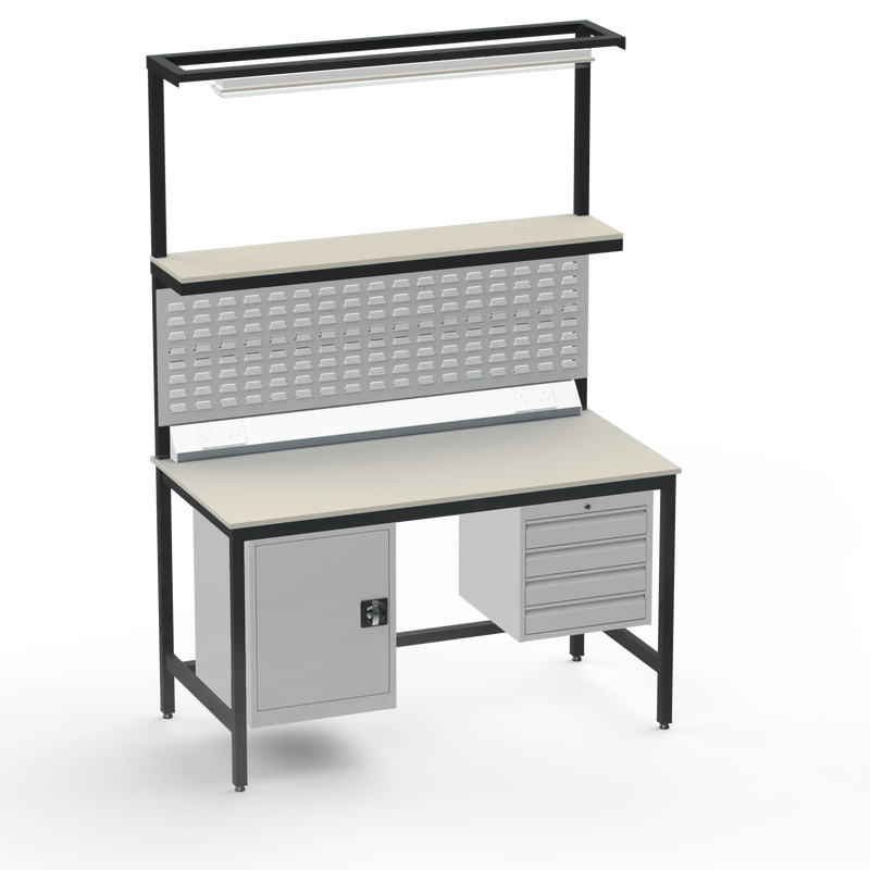 Electronics ESD Workbench | Anti-Static Worktop | Cupboard & 4 Drawers | Upper Shelf | Lighting Rail