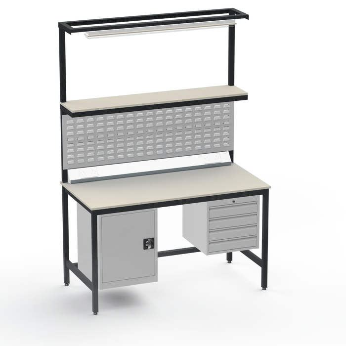 Electronics ESD Workbench | Anti-Static Worktop | Cupboard & 4 Drawers | Upper Shelf | Lighting Rail