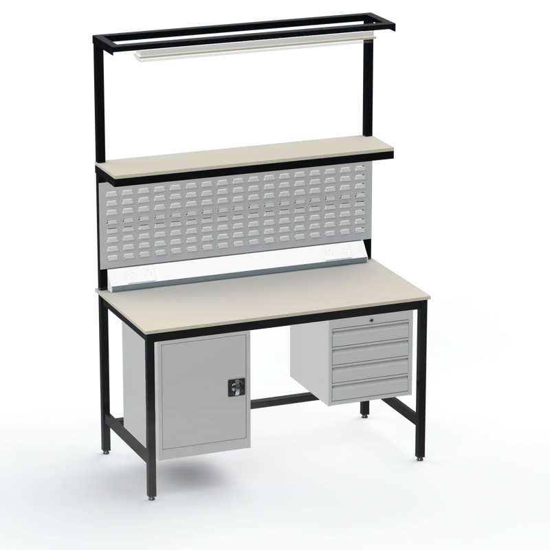 Electronics ESD Workbench | Anti-Static Worktop | Cupboard & 4 Drawers | Upper Shelf | Lighting Rail