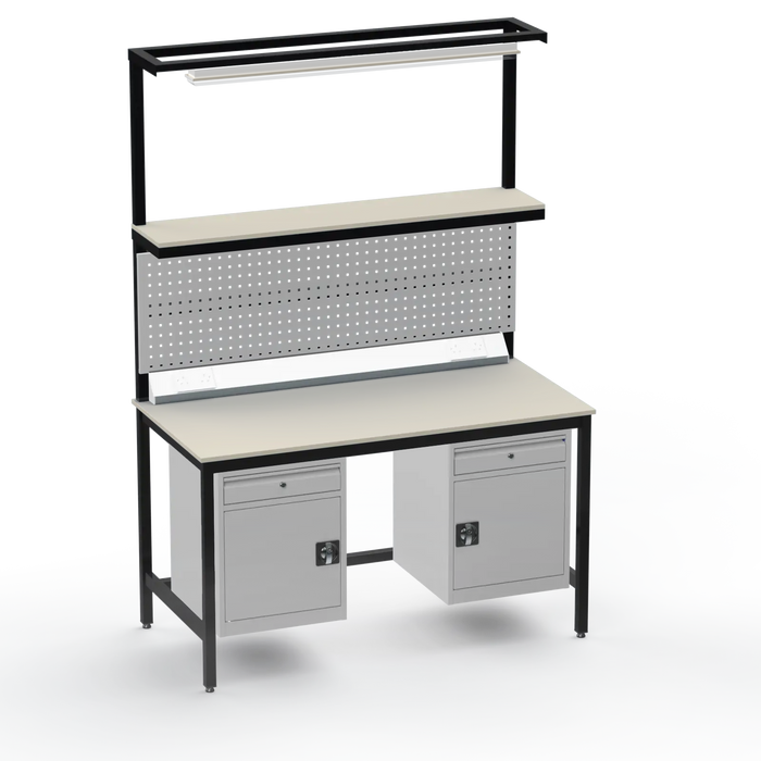 Electronics ESD Workbench | Anti-Static Worktop | Twin Cupboards With Drawer | Upper Shelf & Tool Panel | Electrical & Lighting