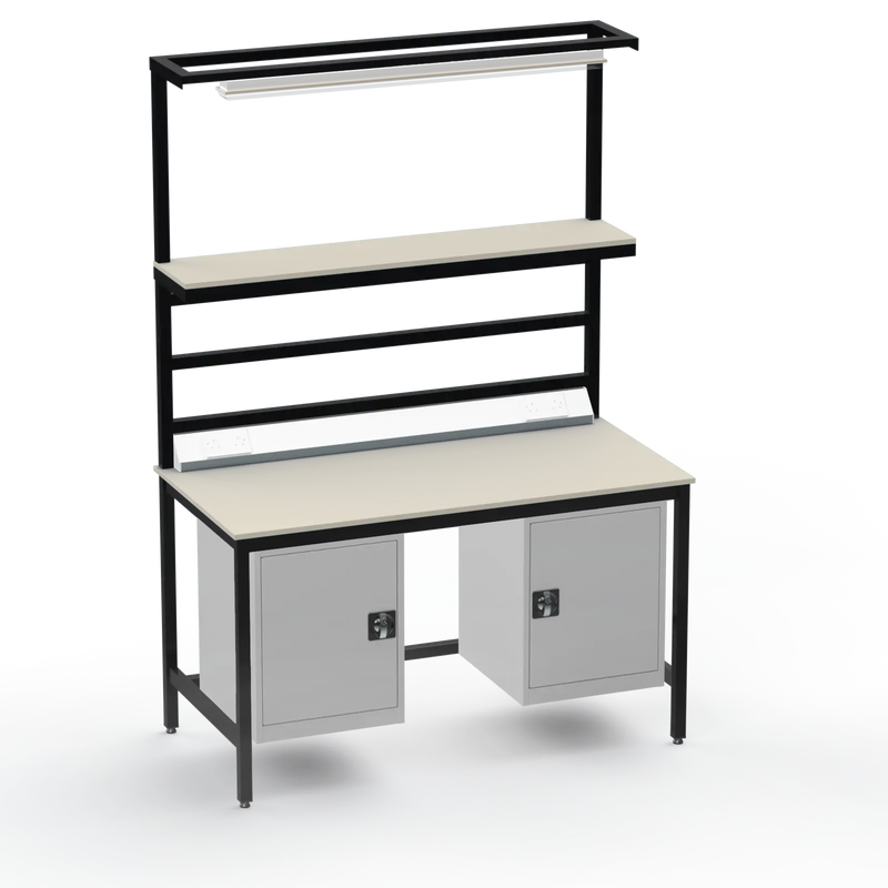 Electronics ESD Workbench | Anti-Static Worktop | Twin Cupboards, Upper Shelf, Light Fitting & Electrical