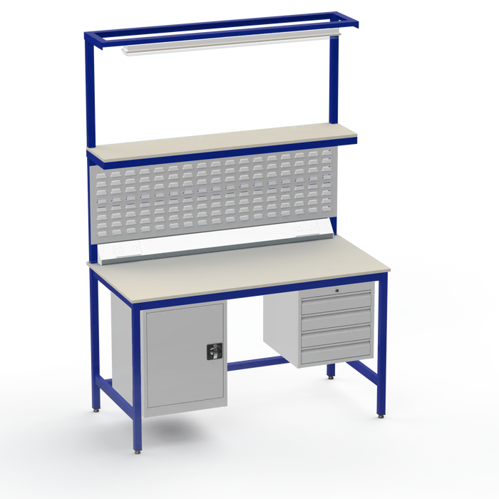 Electronics ESD Workbench | Anti-Static Worktop | Cupboard & 4 Drawers | Upper Shelf | Lighting Rail