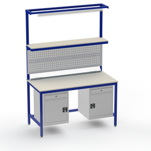 Electronics ESD Workbench | Anti-Static Worktop | Twin Cupboards With Drawer | Upper Shelf & Tool Panel | Electrical & Lighting