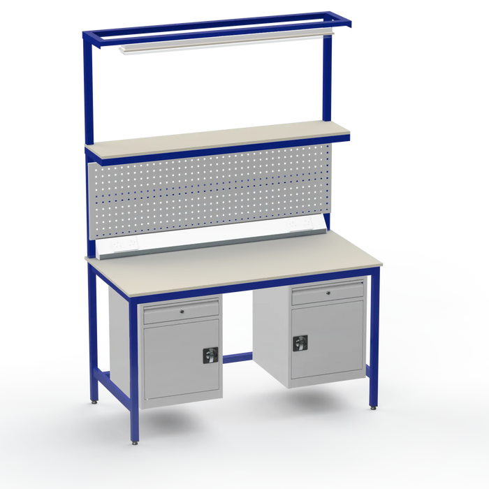 Electronics ESD Workbench | Anti-Static Worktop | Twin Cupboards With Drawer | Upper Shelf & Tool Panel | Electrical & Lighting