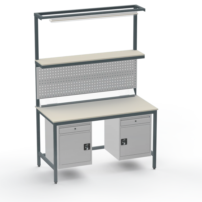 Electronics ESD Workbench | Anti-Static Worktop | Twin Cupboards With Drawer | Upper Shelf & Tool Panel | Electrical & Lighting