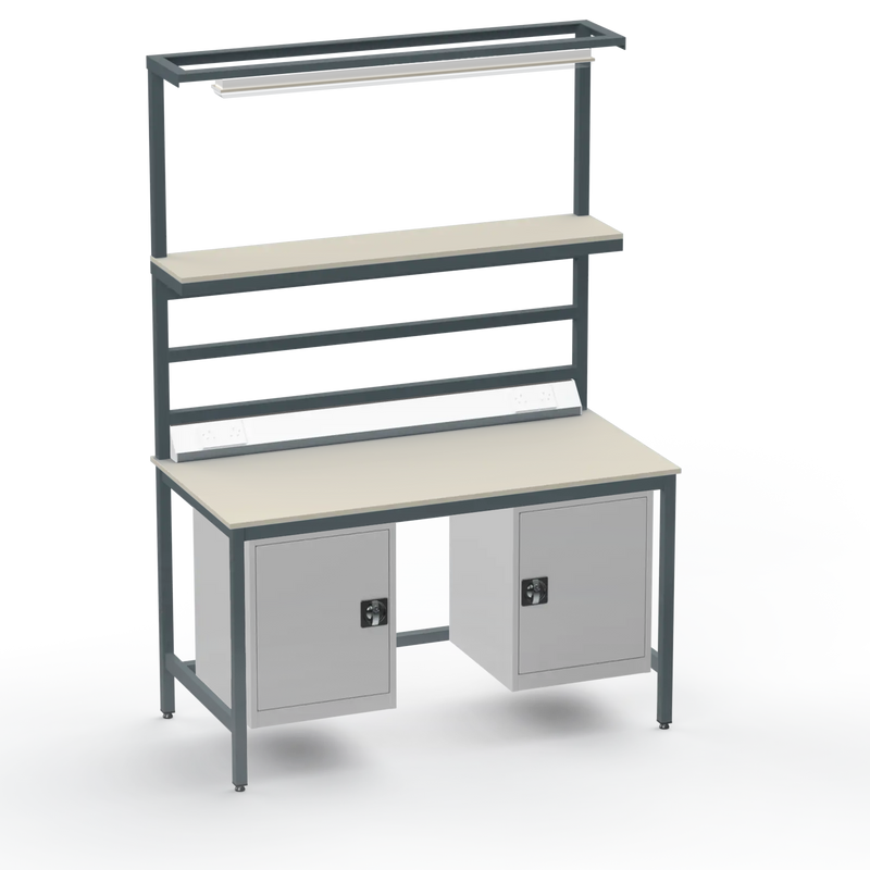 Electronics ESD Workbench | Anti-Static Worktop | Twin Cupboards, Upper Shelf, Light Fitting & Electrical