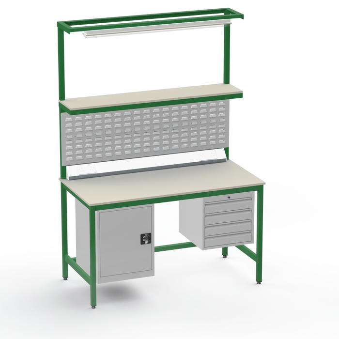 Electronics ESD Workbench | Anti-Static Worktop | Cupboard & 4 Drawers | Upper Shelf | Lighting Rail