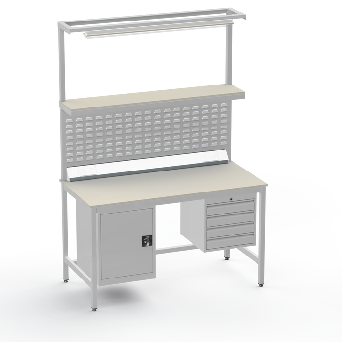 Electronics ESD Workbench | Anti-Static Worktop | Cupboard & 4 Drawers | Upper Shelf | Lighting Rail