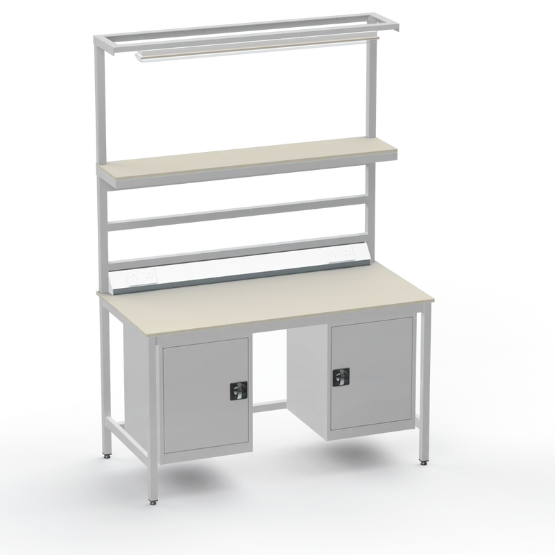 Electronics ESD Workbench | Anti-Static Worktop | Twin Cupboards, Upper Shelf, Light Fitting & Electrical