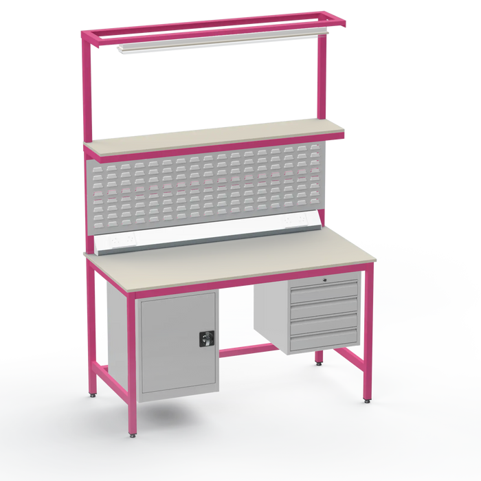 Electronics ESD Workbench | Anti-Static Worktop | Cupboard & 4 Drawers | Upper Shelf | Lighting Rail