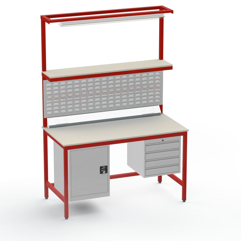Electronics ESD Workbench | Anti-Static Worktop | Cupboard & 4 Drawers | Upper Shelf | Lighting Rail