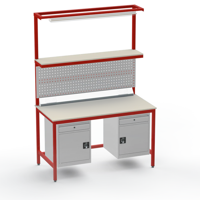Electronics ESD Workbench | Anti-Static Worktop | Twin Cupboards With Drawer | Upper Shelf & Tool Panel | Electrical & Lighting
