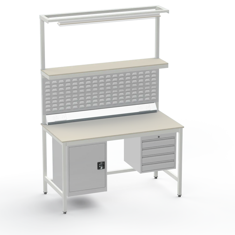 Electronics ESD Workbench | Anti-Static Worktop | Cupboard & 4 Drawers | Upper Shelf | Lighting Rail