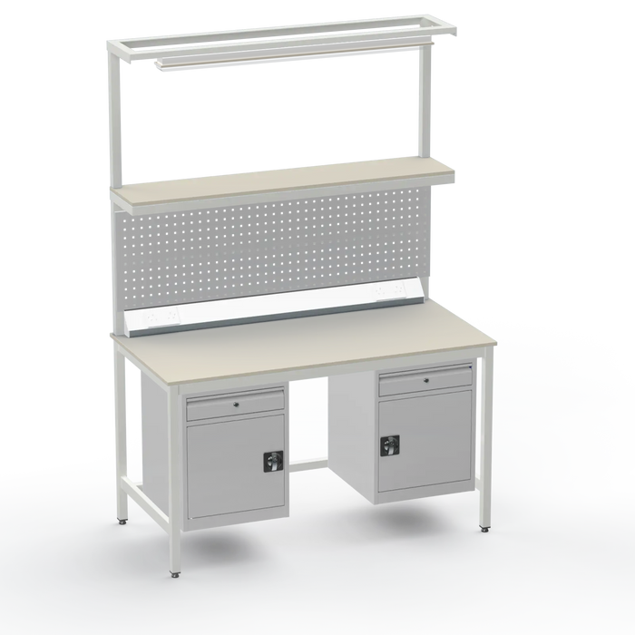Electronics ESD Workbench | Anti-Static Worktop | Twin Cupboards With Drawer | Upper Shelf & Tool Panel | Electrical & Lighting