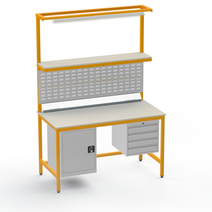 Electronics ESD Workbench | Anti-Static Worktop | Cupboard & 4 Drawers | Upper Shelf | Lighting Rail