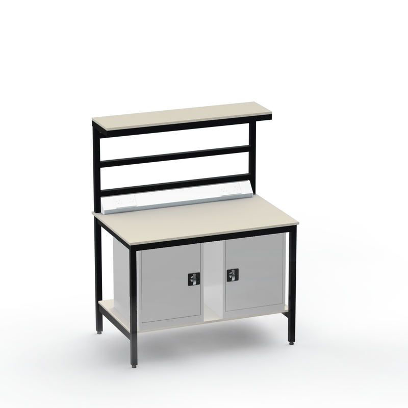 Electronics ESD Workbench | Anti-Static Worktop | Twin Cupboards & Upper & Lower Shelves & Benchtop Electrical