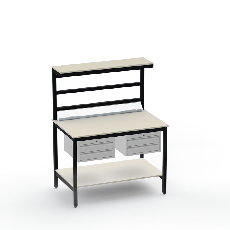 Electronics ESD Workbench | Anti-Static Worktop | Twin 2-Drawer Units & Electrical & Upper & Lower Shelves